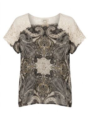 ONE WORLD Neutral Paisley Lace Cap-Sleeve Blouse